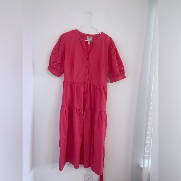 St. John’s Bay Eyelet Cap Sleeve Tiered Tie Dress Pink - Picture 12 of 15